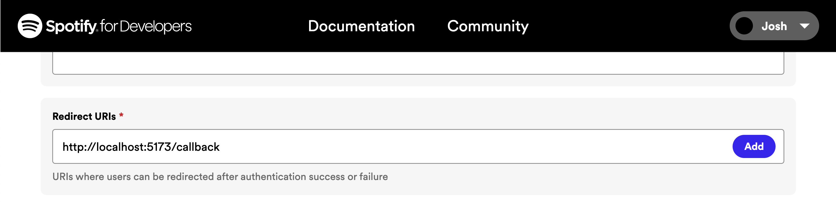 Edit settings to add your Redirect URI to your app